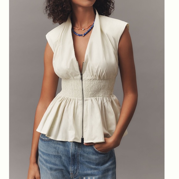 Anthropologie Tommie Cap-Sleeve Smocked Front Zip Blouse NEW Small Green Mint - Picture 4 of 13